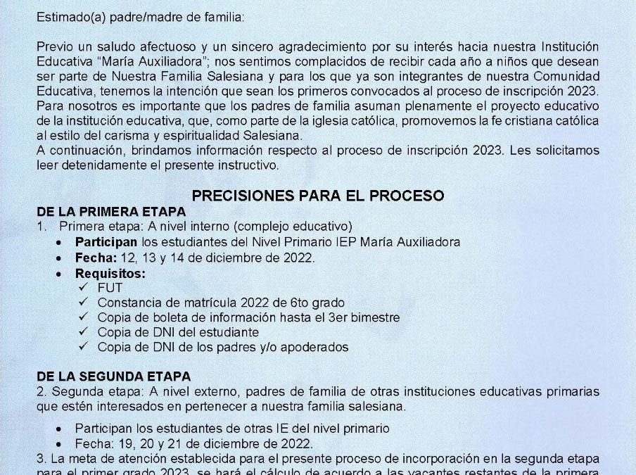 PROCESO DE INCORPORACIÓN AL PRIMER GRADO DE SECUNDARIA 2023 DE LA I.E.S. MARÍA AUXILIADORA PUNO