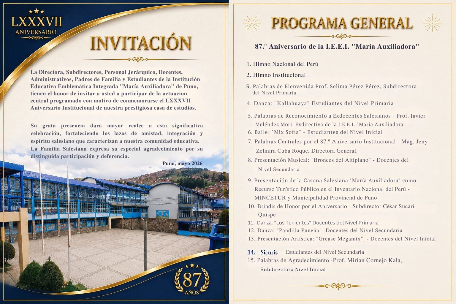 ACTUACION CENTRAL POR EL 87 ANIVERSARIO DE IEE INTEGRADA "MARIA AUXILIADORA". PUNO.