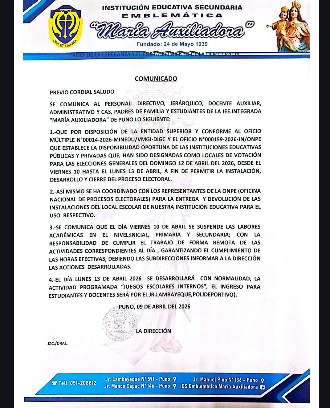 SUSPENSIÓN DE LABORES ESCOLARES